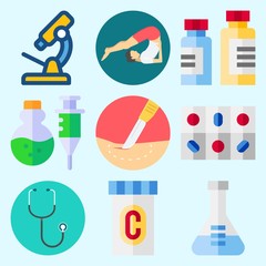 Icons set about Medical with yoga, medicine, stethoscope, pills, flask and microscope