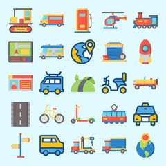 Fototapeta na wymiar Icons set about Transportation with bus, motorbike, plane, crane, helicopter and locomotive
