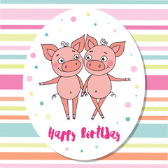 Cute pigs on multicolored background with stripes