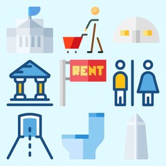 Icons set about Construction with tunnel, museum, for rent, washington monument, store house and wc