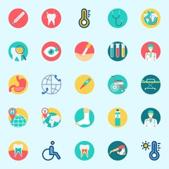 Icons set about Medical with sprain, tooth, stomach, yoga, teeth and stethoscope