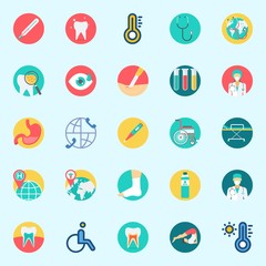 Fototapeta premium Icons set about Medical with sprain, tooth, stomach, yoga, teeth and stethoscope