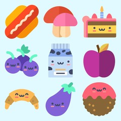 Icons set about Food with eggplant, apple, mushroom, hot dog, milk and croissant