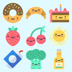 Icons set about Food with croissant, cherry, fried egg, broccoli, cake and mustard