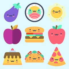Icons set about Food with fried egg, apple, pudding, pizza, eggplant and sushi