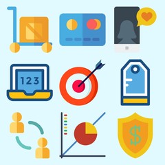 Icons set about Business with laptop, networking, smartphone, target, trolley and network