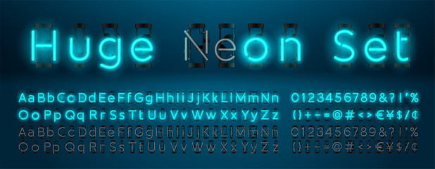 Mega huge neon set glowing alphabet with upper and lowercase letters, vector Font. Glowing text effect. On and Off lamp. Neon Numbers and punctuation marks. isolated on blue background. - obrazy, fototapety, plakaty