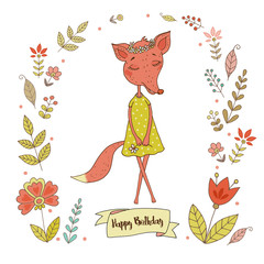 Cute fox with vintage frame for your design in doodle style.