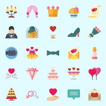 Icons set about Wedding with love, marriage, video camera, balloons, wedding bells and love birds