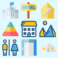 Icons set about Construction with hotel, pyramid, store house, school, white house and pyramids