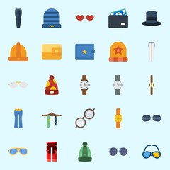 Icons set about Man Accessories with tie, sunglasses, wallet, top hat, winter hat and watch