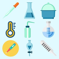 Icons set about Laboratory with test tube, flask, dropper, funnel, thermometer and desiccator