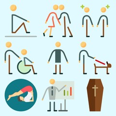 Icons set about Human with kissing, coffin, couples, ceo, man and male