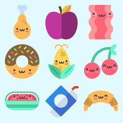 Icons set about Food with bacon, watermelon, chicken leg, apple, croissant and corn