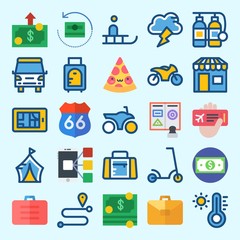 Icons set about Travel with thermometer, suit case, sleigh, oxygen tank, location and suitcase