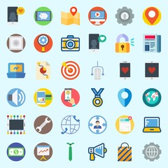 Icons set about Digital Marketing with worldwide, megaphone, laptop, shopping bag, tie and presentation