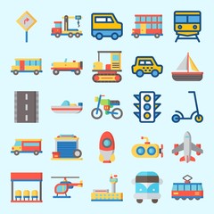 Icons set about Transportation with car, train, van, truck, double decker and airport