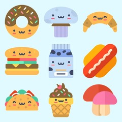 Icons set about Food with donut, ice cream, hamburger, hot dog, milk and croissant