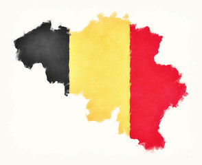 Obraz premium Belgium watercolor map with Belgian national flag in front of a white background