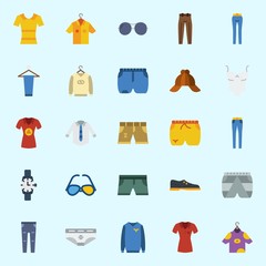 Icons set about Man Clothes with shirt, underwear, sleeveless, sunglasses, trousers and watch