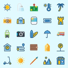 Icons set about Travel with train ticket, thermometer, surfboard, sport bag, photo camera and suitcase