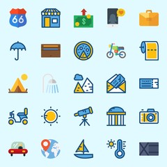 Icons set about Travel with suitcase, sun, location, shower, motorbike and worldwide