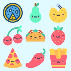 Icons set about Food with pear, taco, fries, strawberry, pizza and cherry