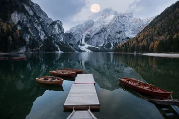 Foto op Canvas Full moon over alpine mountain lake © Nickolay Khoroshkov