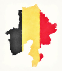 Obraz premium Namur watercolor map with Belgian national flag in front of a white background