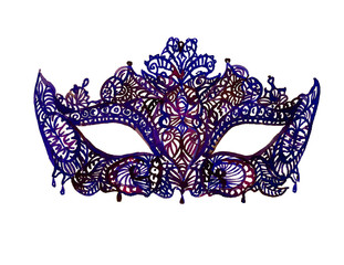 Carnival mask from black lace with rhinestones, hand painted watercolor illustration isolated on white