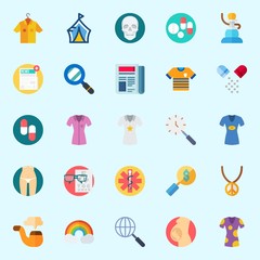 Icons set about Hippies with necklace, tent, pipe, search, slim and shirt