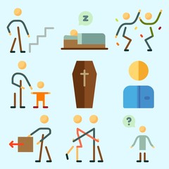 Icons set about Human with father and son, stick man, dancing, baby, man and worker