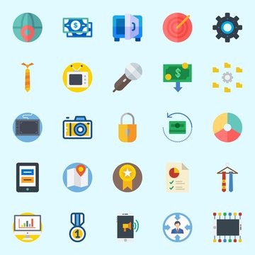 Icons set about Digital Marketing with pie chart, safebox, map, money, photo camera and smartphone