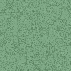 Seamless square pattern with funny cartoon different owls.