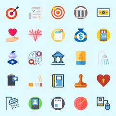 Icons set about Lifestyle with newspaper, smartphone, heart, shower, targeting and internet