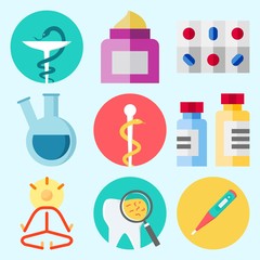 Icons set about Medical with pill, medicine, cream, pharmacy, thermometer and yoga
