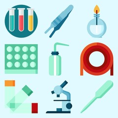 Icons set about Laboratory with burner, microscope, laboratory, desiccator, lab and test tubes