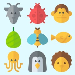 Icons set about Animals with goat, wasp, hedgehog, cocoon, ladybug and penguin