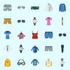 Icons set about Man Clothes with shirt, sleeveless, sunglasses, watch, short and trousers