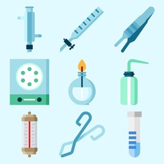 Icons set about Laboratory with separator funnel, laboratory, lab, thermometer, desiccator and kipp's apparatus