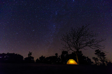 Fototapeta na wymiar Camping on the mountain under the stars and Milky Way.