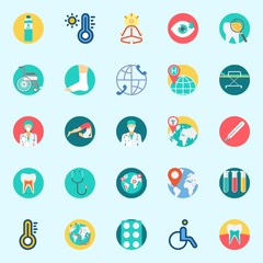 Icons set about Medical with stethoscope, tablets, visibility, tooth, water and wheelchair