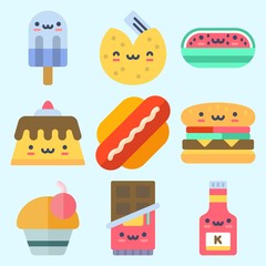 Icons set about Food with hamburger, chocolate, cupcake, watermelon, popsicle and fortune cookie