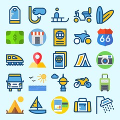 Icons set about Travel with skyscraper, snorkel, sun, photo camera, motorbike and tag