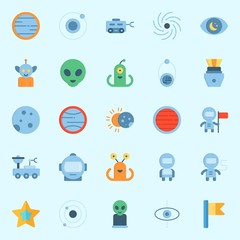 Icons set about Universe with planet, flag, eclipse, black hole, moon rover and star