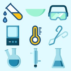Icons set about Laboratory with test tube, thermometer, lab, separator funnel, watch glass and condenser