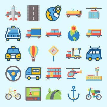 Icons set about Transportation with hot air balloon, crane, car, taxi, destination and cable car