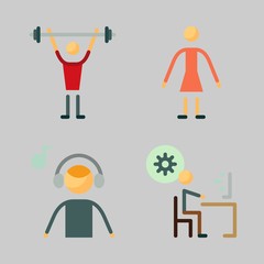 Icons set about Human with bodybuilder, programmer, music listener, sportsman and female