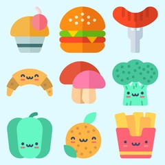 Icons set about Food with orange, bell pepper, hot dog, croissant, mushroom and cupcake