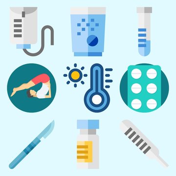 Icons set about Medical with surgery, pill, tablets, test tube, yoga and drob counter